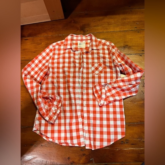 AEO American Eagle 14 women’s red white plaid gingham button down shirt - Picture 1 of 10